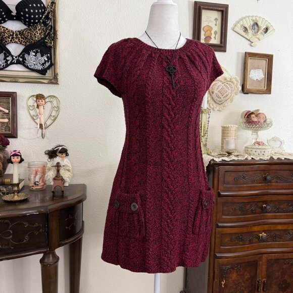 Y2k girly grunge twee dark coquette red and lack knit mini tunic babydoll dress - Picture 3 of 5